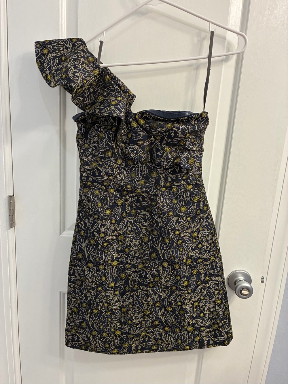 Monique Lhuillier Navy Dress with Gold Floral Jacquard